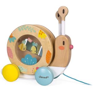 Janod Pull Along Caracol - Instrumento musical 2 en 1 de madera y empuje y tire - Juguete clásico de aprendizaje temprano - Alienta a bebés y niños pe