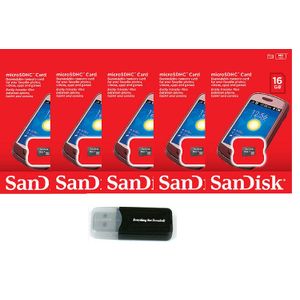 SanDisk 16 GB tarjeta de memoria microSD HC (5 Pack) sdsdqab-016g (Retail Packaging) Lote de 5 con todo lo pero Stromboli lector de tarjetas de memori
