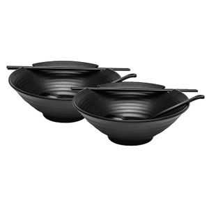 Juego de 2 cuencos de ramen (melamina negra), estilo asiático japonés con palillo y cuchara de cucharón, tamaño grande, 37oz para Ramen, Pho, Noodle,