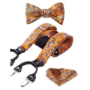 HISDERN Paisley Floral 6 Clips Suspenders & Bow Tie and Pocket Square Set Y Shape Adjustable Braces