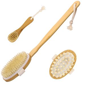 Cepillo corporal de cepillado en seco Luxspire para pieles secas, cepillado - Exfoliante con cerdas de jabalí - Kit de mango largo, cepillo de cepillo