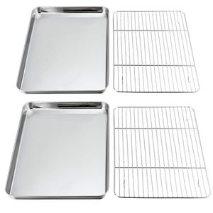 P&P CHEF - Juego de 4 bandejas y estante para hornear (2 hojas + 2 estantes), bandeja para galletas de acero inoxidable con bandeja de refrigeración,