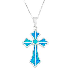 Plata de ley Creado azul Opal Diseñado Cruz colgante con cadena de 18"