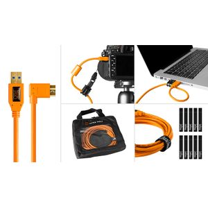 Starter Atado Kit w/tetherpro USB 3.0 a Micro-B ángulo derecho cable, 15 "(4.6 m), Naranja de alta visibilidad