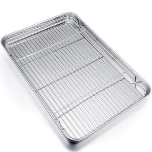 P&P CHEF - Juego de bandejas y estanterías extra grandes, de acero inoxidable, con bandeja de refrigeración, rectangular, 19.7 x 13.8 x 1.2 in, apto p