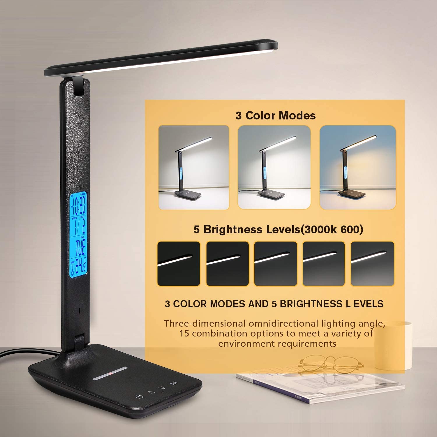 Lámpara de escritorio, lámpara LED de escritorio con cargador inalámbrico,  puerto de carga USB, ajustable y plegable.Lámpara de mesa con reloj