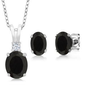 2.50 ct Oval Negro Onyx Plata de ley 925 colgante arete Set con 18" Cadena