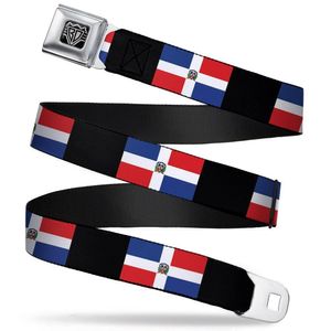 Buckle-Down Seatbelt Belt - Dominican Republic Flags/Black Blocks - 1.0" Wide - 20-36 Inches in Length