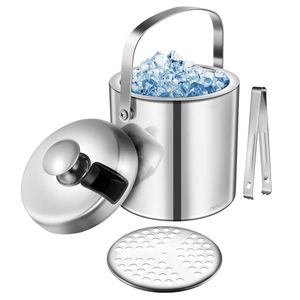 Hemoton Durable Stainless Steel Portable Ice Bucket - 1.3L Double Walled Insulated Cooler with Tong Lid and Water Filter for Bar Party Kitchen Picnic