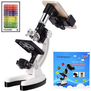 Chanseon Microscopio para niños 100X-1200X Microscopio para principiantes con cuerpo de metal, juego de 52 accesorios, soporte para smartphone, perfec