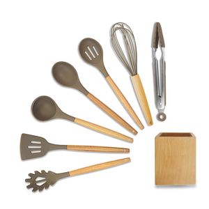 Juego de utensilios de bambú de silicona – Kichen Cooking – Mangos de madera natural – Olla antiadherente – 8 piezas