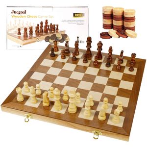Juegoal 15" Wooden Chess & Checkers Set, 2 in 1 Board Games for Kids and Adults, with Felted Game Board Interior for Storage, Travel Portable Folding