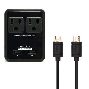 RND Compact Power Station 2.4 Amp Dual Puertos USB 2 Salida AC Cargador de pared con un Attached 7 inch Cables Micro y dos 3 ft Cable Micro USB (Negro