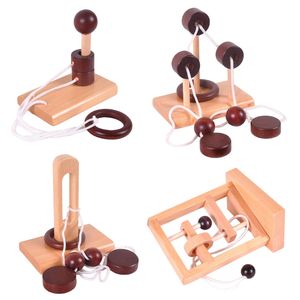 Kingou Juego de 4 de rompecabezas de madera clásica cuerda de solución central juego de cerebro para adultos