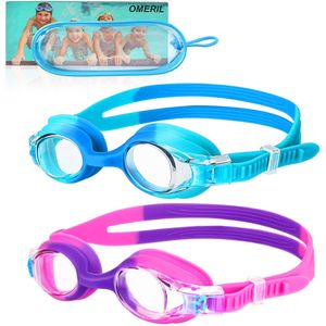 OMERIL - Gafas de natación para niños, 2 unidades, antivaho, a prueba de fugas Gafas de natación flexibles con diseño 3D ajustado para la nariz, con f