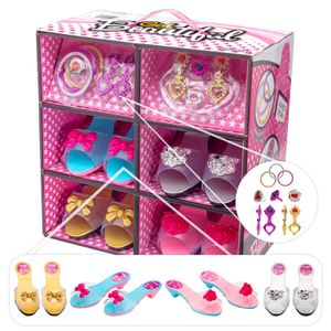 Zapatos y joyas boutique – Little Girl Princess Play Set de regalo con 4 pares de zapatos, colección de arete, pulseras, anillos – Ideal para grupo de