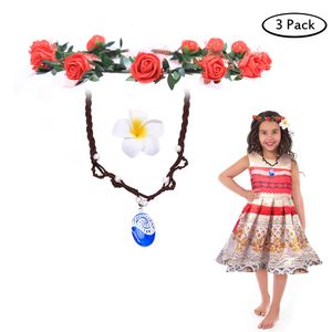 Buufan - Collar para niña de zafiro para disfraz de princesa Moana con corona floral, diadema y clip para el pelo de flores, accesorios para disfraz d
