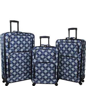 World Traveler 3-Piece Rolling Expandable Spinner Luggage Set-Navy Vines Floral