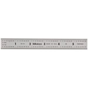 Mitutoyo 182-101, Regla de Acero, 6" (4R), (1/8, 1/16, 1/32, 1/64"), 3/64" Grueso X 3/4" De ancho, Acabado cromado satinado Acero Inoxidable Templado