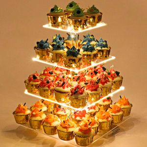 Cupcake Stand - Soporte para magdalenas Premium - Torre de acrílico para cupcakes - Decoración para fiesta de cady Bar - 4 niveles pantalla acrílica p