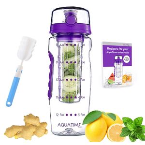 AQUATIME Time Marked Fruit Infuser Water Bottle Large 32 oz – Free Brush for Easy Clean – Convenient to Carry - Leak Proof - FDA Approval BPA Free & E