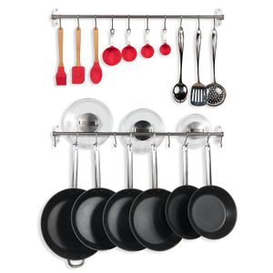 Acero inoxidable Cocina Gourmet 31.5 inch Wall Mount Rail y ganchos en S Juego de utensilios Pot Pan Tapa rack Storage Organizador, Plata (2)