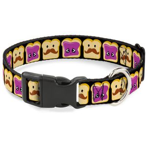 Buckle-Down Plastic Clip Collar - Peanut Butter w/Mustache & Jelly - 1/2" Wide - Fits 9-15" Neck - Large