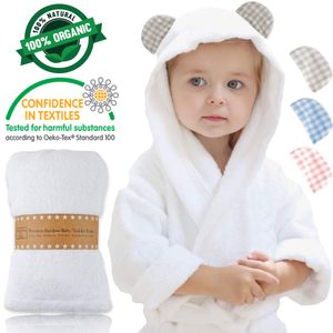 Albornoz de bambú orgánico para bebé, extra grueso y suave, perfecto para eccema, Registro de bebés (Beige Gingham)