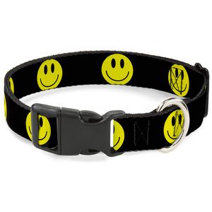 Buckle-Down Plastic Clip Collar - Smiley Face Black/Yellow/Black - 1/2" Wide - Fits 9-15" Neck - Large