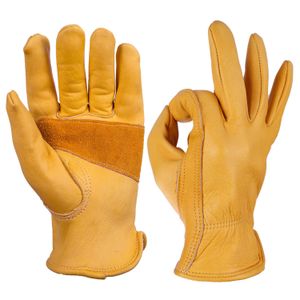 OZERO Flex Grip cuero trabajo guantes estirable resistente cuero trabajo guante 1 par (oro, medio)