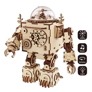 Caja de música de madera Kit de artesanía robot Machinarium juguete con luz
