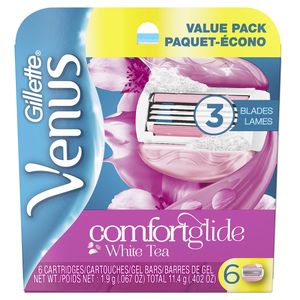 Comfortglide de Gillette Venus mujer con aroma a humedad de hoja 3 recambios de afeitadora, cuenta 6, té blanco