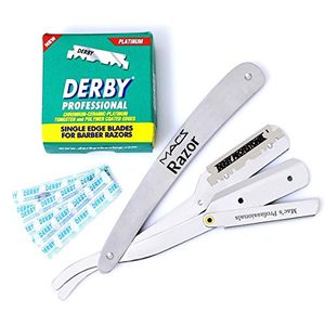 MACS PROFESSIONAL Barber Razor seguridad de borde recto con 100 cuchillas de Derby de cromo alto - Cuchilla de afeitar de cuchilla fácil Mecanismo de