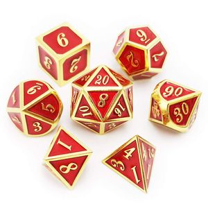 Haxtec - Juego de 7 dados de metal rojo D20 D12 D10 D8 D6 D4 para mazmorras y dragones D&D RPG – Juego de mesa brillante esmaltado con bufanda de dado