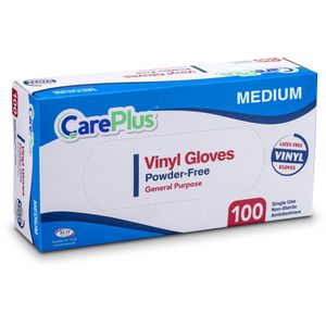 Cuidado además guantes desechables de vinilo, sin polvo, claro, libre de látex, alergia, medio, 100 guantes en una caja
