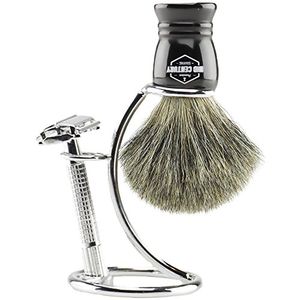 MCS Premium Razor Safety Shaving Kit completo Wet Shave Set wDouble Edge Razor Pure Badger Brush Heavy Chrome Stand Estuche de viaje Extra Blades y Gi