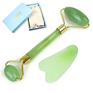 Jade rodillo antienvejecimiento para masaje de ojos y cuello de jade facial con gua sha para rascar masajes juego de rodillo de jade natural para la c