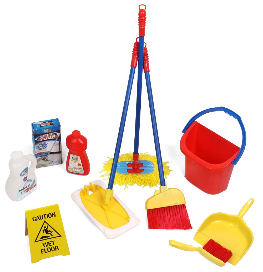 Clic N 'Play 10 piezas Set de limpieza de juguete, cubeta de agua, agente  de limpieza, botellas, escoba, fregona, cartel para piso húmedo, cepillo