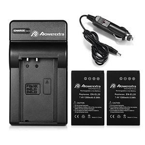 Batería y cargador Powerextra 2x (con cargador de coche) para cámaras Nikon EN-EL20, EN-EL20a, Nikon1 J1, Nikon1 J2, Nikon1 J3, Nikon1 S1, Nikon Coolp