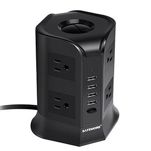 SAFEMORE Smart Power Plug Surge Protector Power Strip Tower 8Outlet 4USB Estación de carga de escritorio Múltiples enchufes con 65ft2M Cable de alimen
