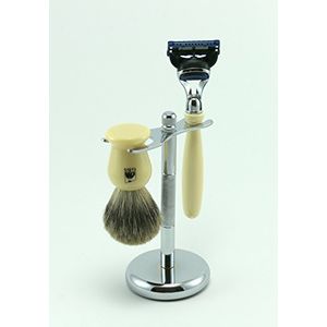 Set de afeitado 3 pc con sintética color marfil 5  cuchilla de afeitar brocha de pelo de tejón y soporte chapado en cromo de gbs