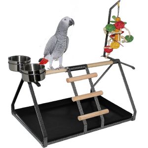 Parrot Bird Perch Table parte superior soporte metal y madera 2 tazas de acero Play para mediana y grande de razas 17.5" x 12.5" x 11"