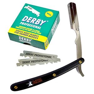 Afeitadora de afeitar de barbero profesional de acero inoxidable samurai clásico con 100 hojas de afeitar afiladas borde único derby negro