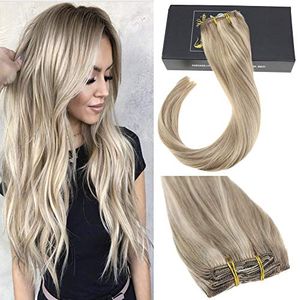 Sunny 16  cabeza completa 24 pulgadas 7pcs 120 g balayage ombre 100% seda recto remy extensiones de cabello humano clip en el cabello para cabello col