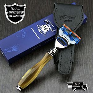 Afeitadora de afeitar gillette premium con mango de réplica de cuerno y estuche de viaje de cuero y gt; artículos esenciales para afeitado de hombre |