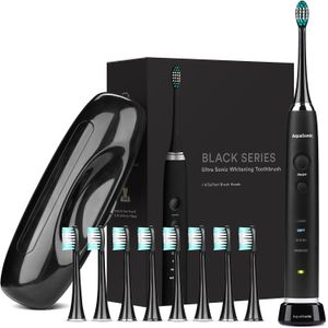 AquaSonic negro serie Ultra blanquear dientes - 8 cabezales DuPont y estuche de viaje incluido - Ultra Sonic Motor 40.000 de VPM y carga inalámbrica -