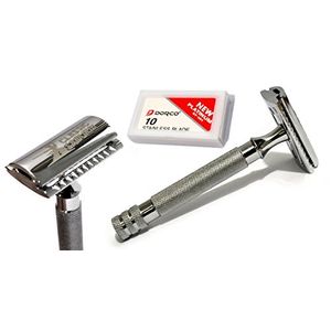 Maquinilla de afeitar de seguridad clásica de uso pesado Samurai CS201 con 10 cuchillas de afeitar de doble filo Dorco