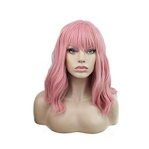 Anogol tapa de cabello bob rizado con flequillo de pelo rubio cosplay peluca sintética resistente al calor peluca para mujer rosa