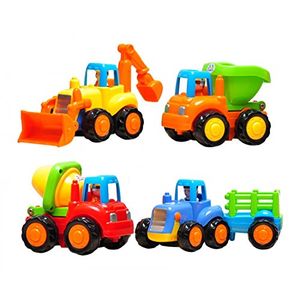 Conjunto de dibujos animados 4 fricción accionada empuje y jugar vehículos para niños - carro de descarga, mezclador de cemento, excavadora, Tractor