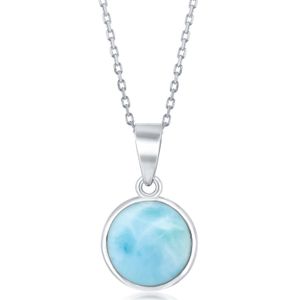Plata de ley natural redonda de alto polaco bezel-set Larimar 18" Collar con Colgante